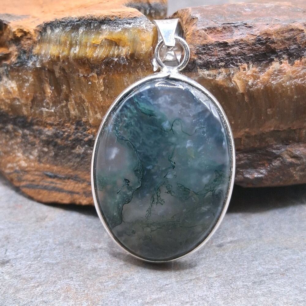 Natural Moss Agate Pendant Sterling Silver Scenic Landscape Stone Oval